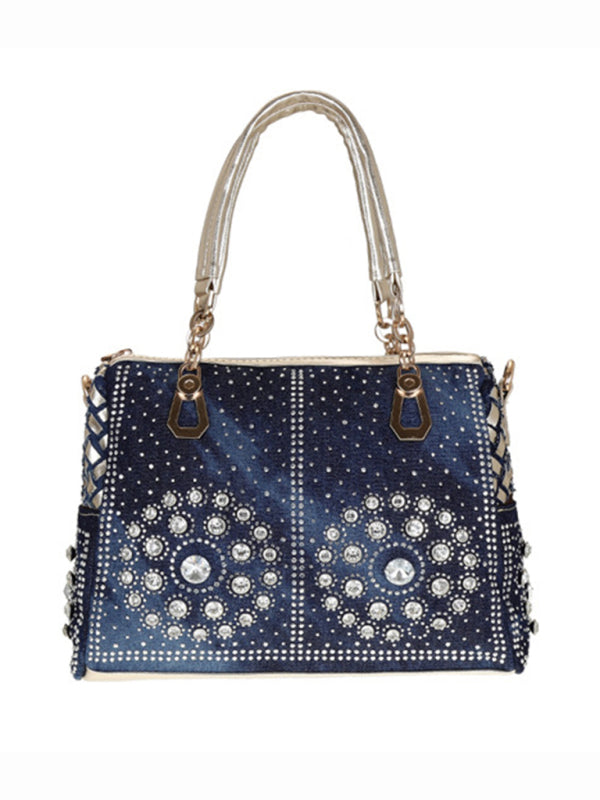 Handbags- Beaded Denim Crossbody Tote Bag with Golden Touch- - Pekosa Women Fashion