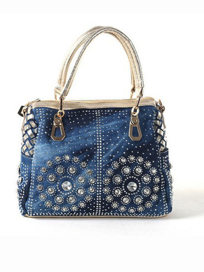 Handbags- Beaded Denim Crossbody Tote Bag with Golden Touch- Golden- Pekosa Women Fashion