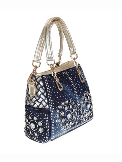 Handbags- Beaded Denim Crossbody Tote Bag with Golden Touch- - Pekosa Women Fashion