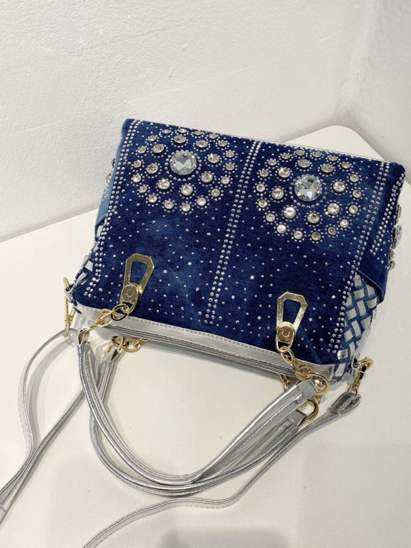 Handbags- Beaded Denim Crossbody Tote Bag with Golden Touch- - Pekosa Women Fashion