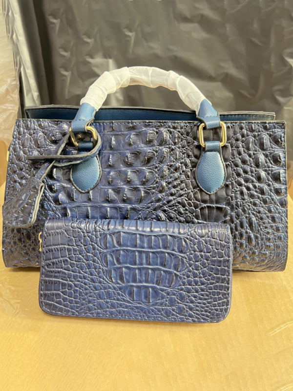 Handbags- Faux Crocodile Skin Leather Satchel Bag with Wallet- Purplish blue navy- Pekosa Women Clothing