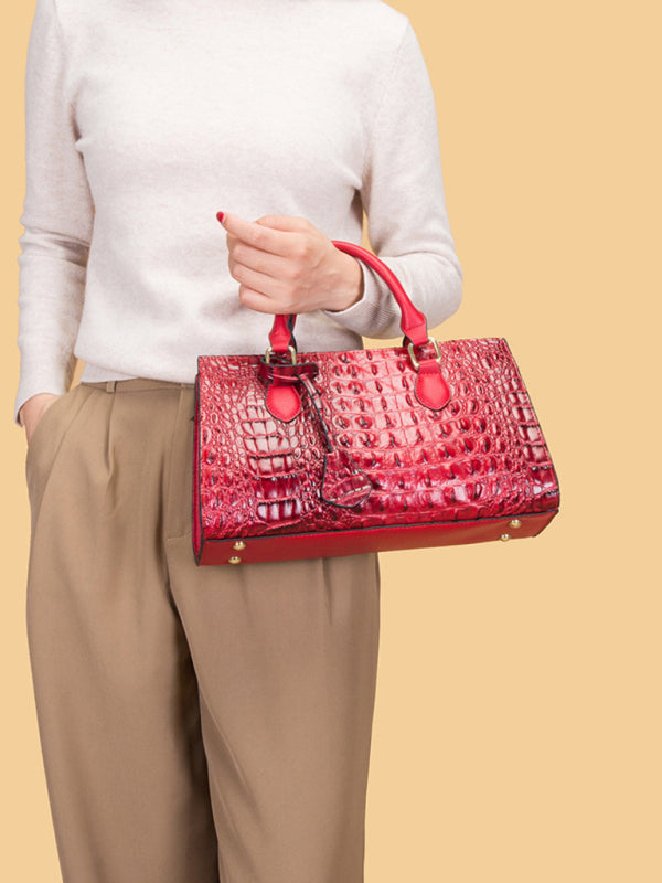 Handbags- Faux Crocodile Skin Leather Satchel Bag with Wallet- Wine Red- Pekosa Women Clothing