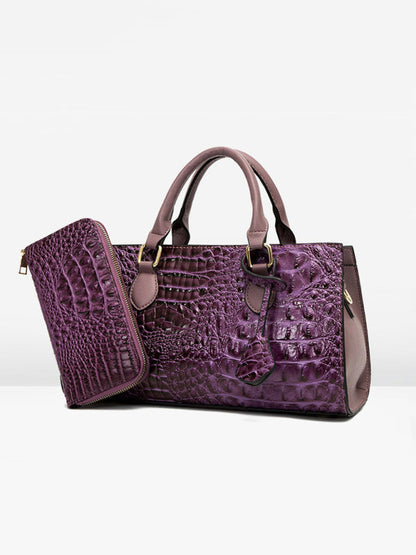 Handbags- Faux Crocodile Skin Leather Satchel Bag with Wallet- - Pekosa Women Clothing