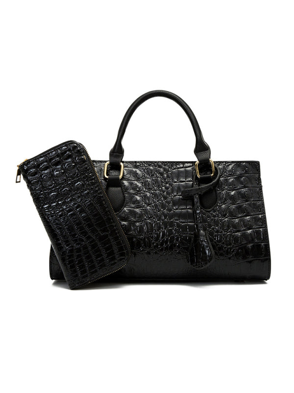 Handbags- Faux Crocodile Skin Leather Satchel Bag with Wallet- - Pekosa Women Clothing