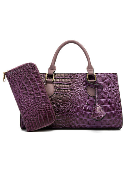 Handbags- Faux Crocodile Skin Leather Satchel Bag with Wallet- Purple- Pekosa Women Clothing