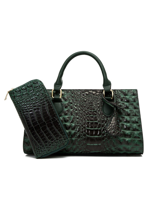 Handbags- Faux Crocodile Skin Leather Satchel Bag with Wallet- - Pekosa Women Clothing