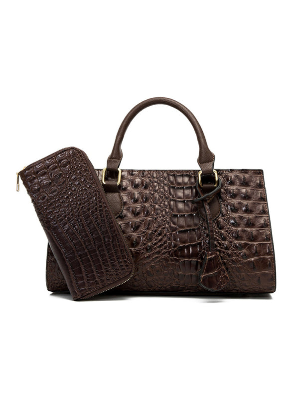 Handbags- Faux Crocodile Skin Leather Satchel Bag with Wallet- - Pekosa Women Clothing