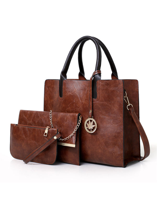 Handbags- Faux Leather 3-Piece Handbags - Bucket, Messenger, Wristlet- Brown- Pekosa Women Clothing