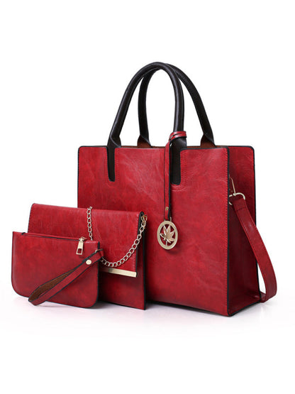 Handbags- Faux Leather 3-Piece Handbags - Bucket, Messenger, Wristlet- Red- Pekosa Women Clothing