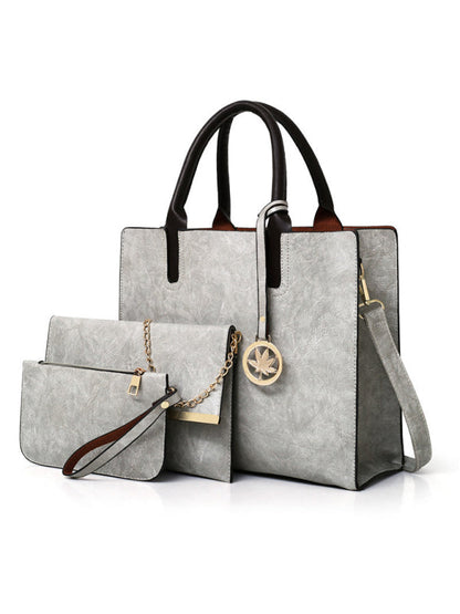 Handbags- Faux Leather 3-Piece Handbags - Bucket, Messenger, Wristlet- Misty grey- Pekosa Women Clothing