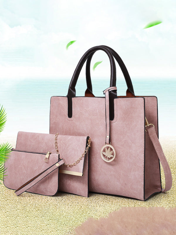 Handbags- Faux Leather 3-Piece Handbags - Bucket, Messenger, Wristlet- Pink- Pekosa Women Clothing