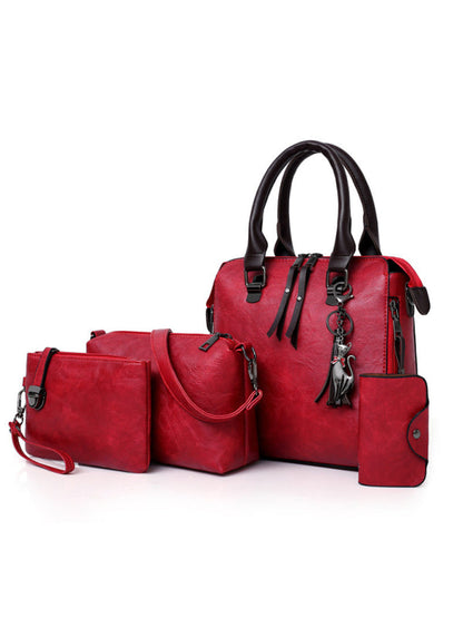 Handbags- Faux Leather Handbag Collection - Bucket, Messenger, Wristlet, Clutch- Red- Pekosa Women Clothing