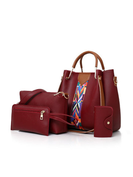 Handbags Sets- Faux Leather 4-Piece Handbag - Bucket & Messenger & Wristlet & Coin Purse- Wine Red- Pekosa Women Clothing