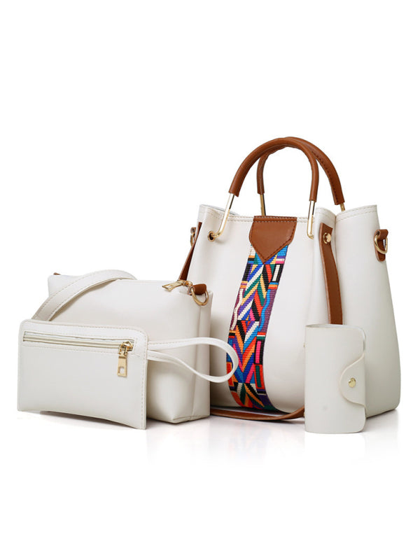 Handbags Sets- Faux Leather 4-Piece Handbag - Bucket & Messenger & Wristlet & Coin Purse- Cream- Pekosa Women Clothing