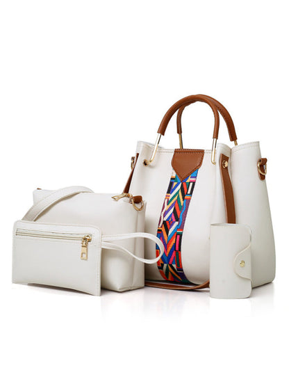 Handbags Sets- Faux Leather 4-Piece Handbag - Bucket & Messenger & Wristlet & Coin Purse- Cream- Pekosa Women Clothing