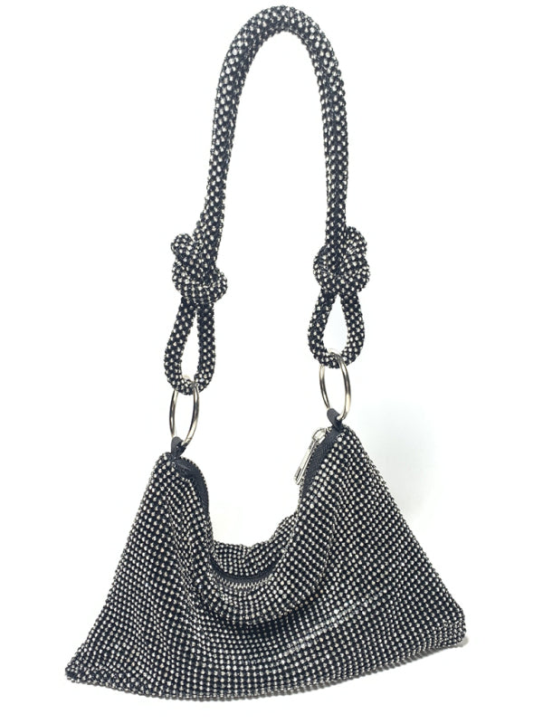 Handbags- Sparkle Beaded Diamond Hobo Shoulder Bag- Black- Pekosa Women Clothing