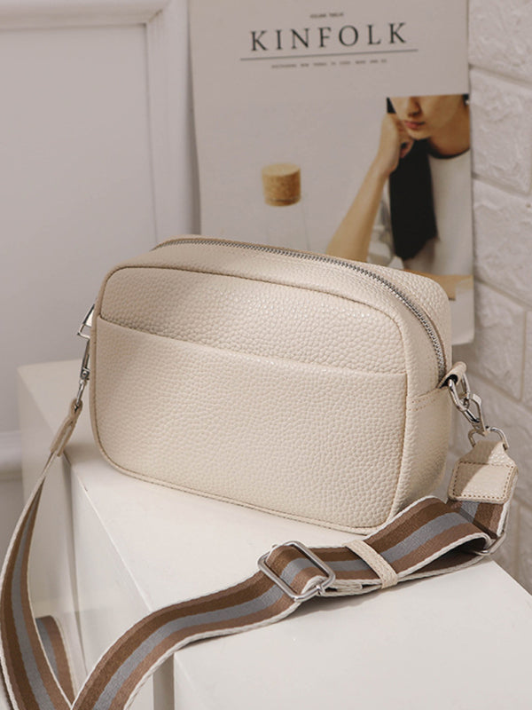 Handbags- Textured Faux Leather Crossbody Messenger Bag- Cream- Pekosa Women Clothing