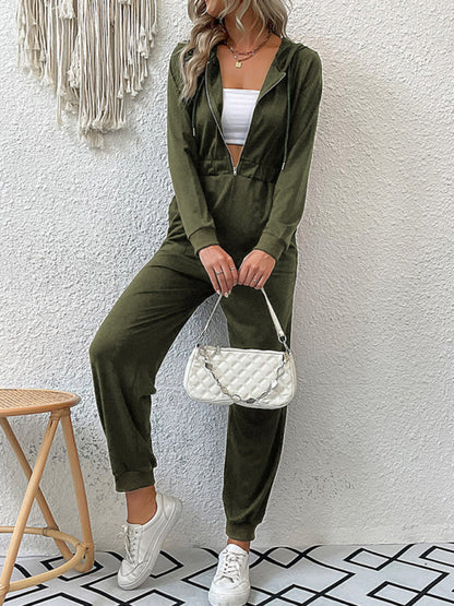 Hooded Coveralls- Hooded Coveralls - Zip-Front Jumpsuit with Pockets, Elastic Waistband- Olive green- Pekosa Women Clothing