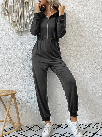 Hooded Coveralls- Hooded Coveralls - Zip-Front Jumpsuit with Pockets, Elastic Waistband- - Pekosa Women Clothing