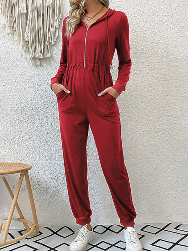 Hooded Coveralls- Hooded Coveralls - Zip-Front Jumpsuit with Pockets, Elastic Waistband- - Pekosa Women Clothing