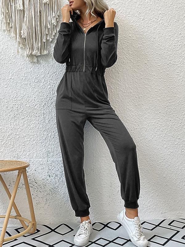 Hooded Coveralls- Hooded Coveralls - Zip-Front Jumpsuit with Pockets, Elastic Waistband- - Pekosa Women Clothing