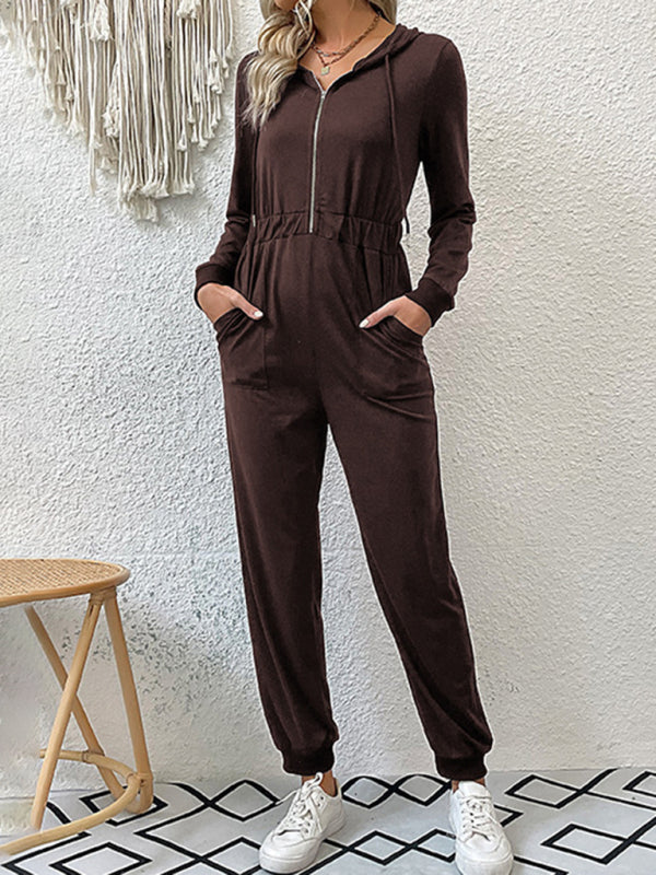 Hooded Coveralls- Hooded Coveralls - Zip-Front Jumpsuit with Pockets, Elastic Waistband- - Pekosa Women Clothing