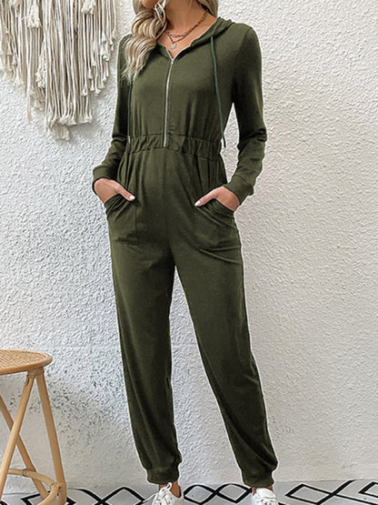 Hooded Coveralls- Hooded Coveralls - Zip-Front Jumpsuit with Pockets, Elastic Waistband- - Pekosa Women Clothing