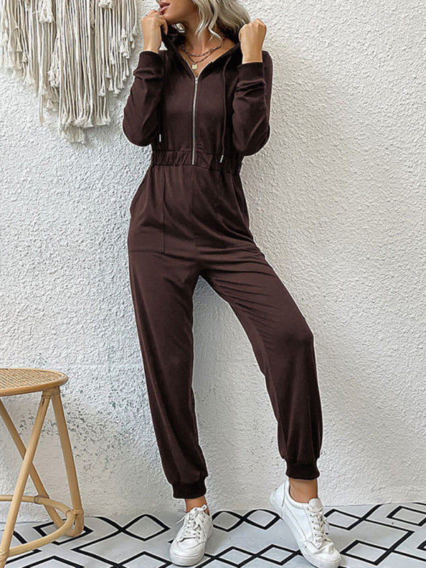 Hooded Coveralls- Hooded Coveralls - Zip-Front Jumpsuit with Pockets, Elastic Waistband- - Pekosa Women Clothing