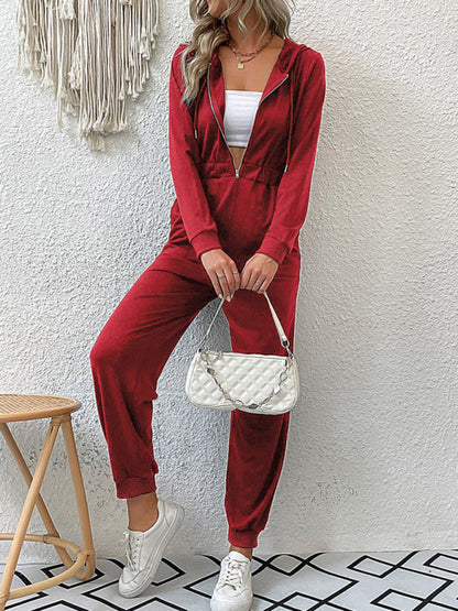 Hooded Coveralls- Hooded Coveralls - Zip-Front Jumpsuit with Pockets, Elastic Waistband- Red- Pekosa Women Clothing