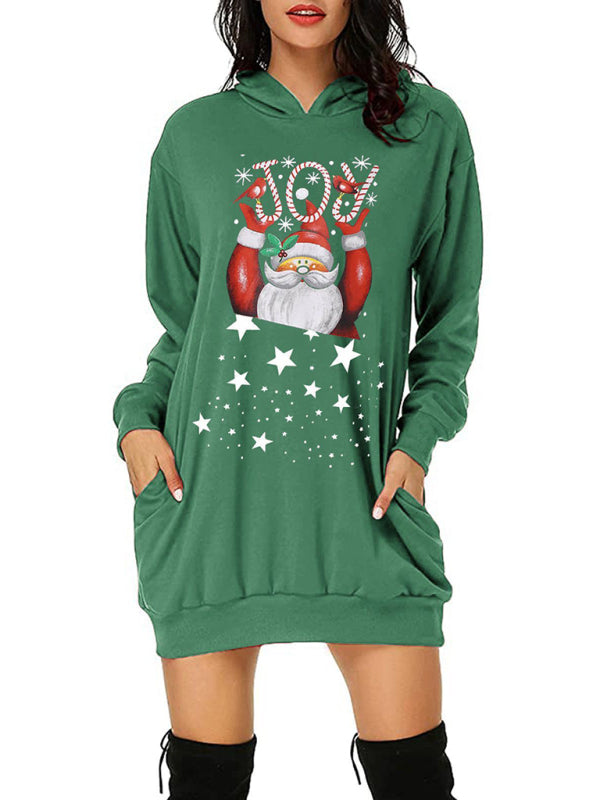 Hoodie Dresses- Christmas Print Joy Santa Xmas Hoodie Sweatshirt Dress with Pockets- Pattern2- Pekosa Women Clothing