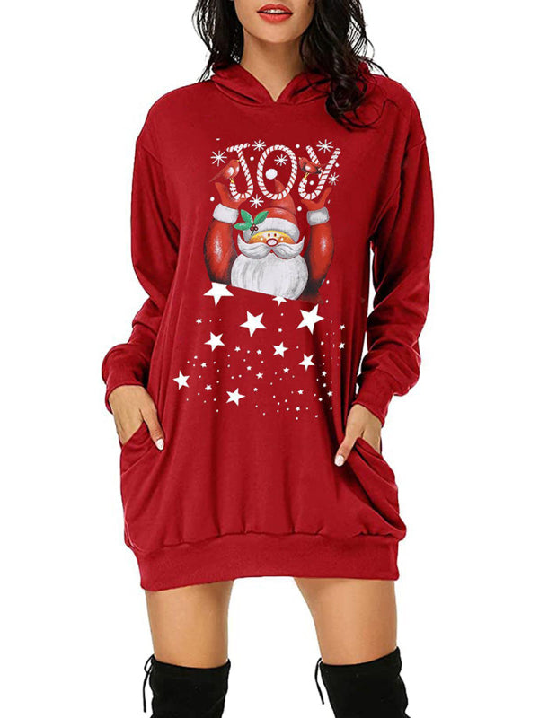 Hoodie Dresses- Christmas Print Joy Santa Xmas Hoodie Sweatshirt Dress with Pockets- Pattern1- Pekosa Women Clothing