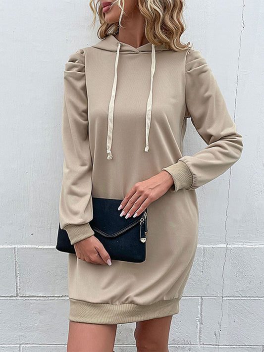 Hoodie Dresses- Solid Puff Long Sleeve Hoodie Dress- Khaki- Pekosa Women Clothing