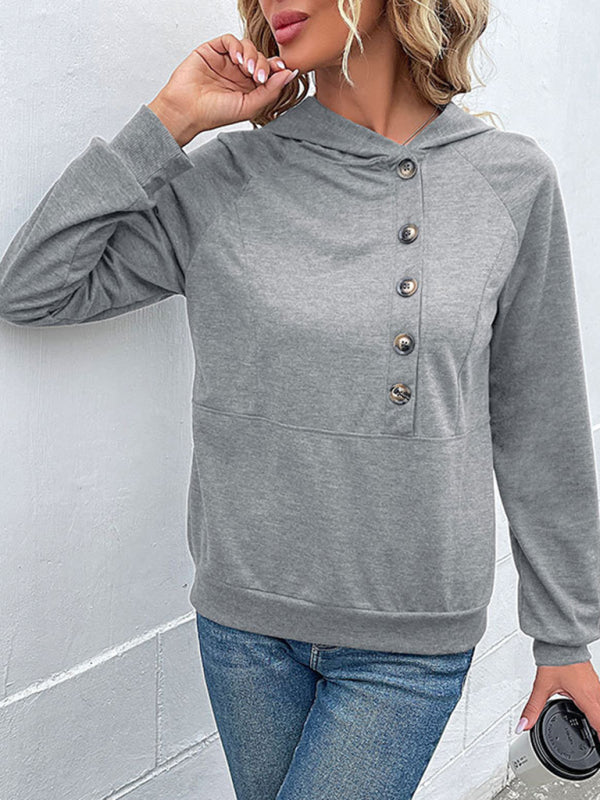 Hoodies- Asymmetrical Button-Down Hoodie - Hooded Top- - Pekosa Women Clothing