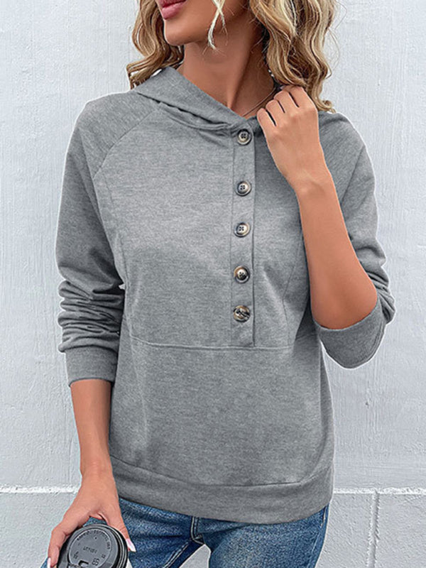 Hoodies- Asymmetrical Button-Down Hoodie - Hooded Top- - Pekosa Women Clothing