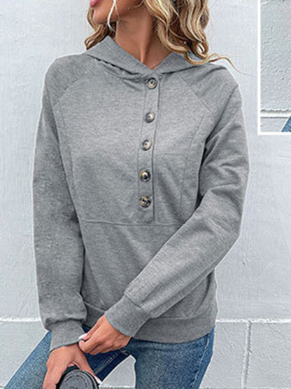 Hoodies- Asymmetrical Button-Down Hoodie - Hooded Top- - Pekosa Women Clothing