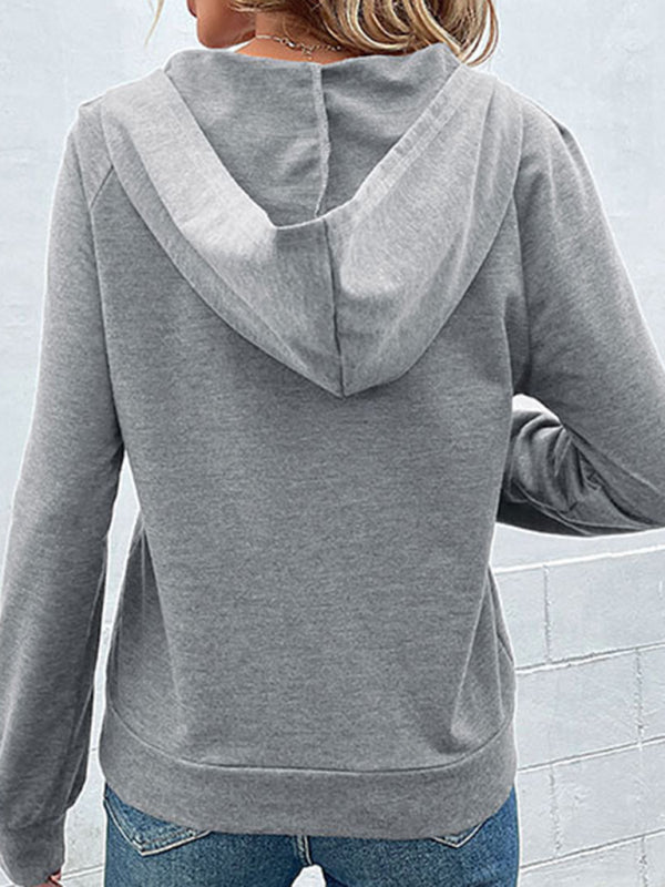 Hoodies- Asymmetrical Button-Down Hoodie - Hooded Top- - Pekosa Women Clothing