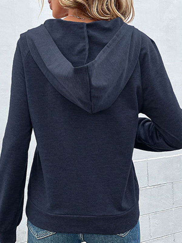 Hoodies- Asymmetrical Button-Down Hoodie - Hooded Top- - Pekosa Women Clothing