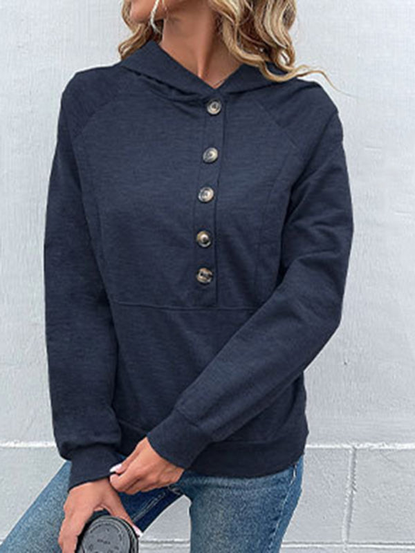 Hoodies- Asymmetrical Button-Down Hoodie - Hooded Top- - Pekosa Women Clothing