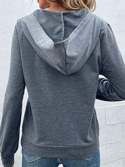 Hoodies- Asymmetrical Button-Down Hoodie - Hooded Top- - Pekosa Women Clothing