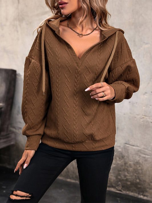 Hoodies- Autumn Cable Knit Drop Shoulder Hooded Sweatshirt- Coffee- Pekosa Women Clothing