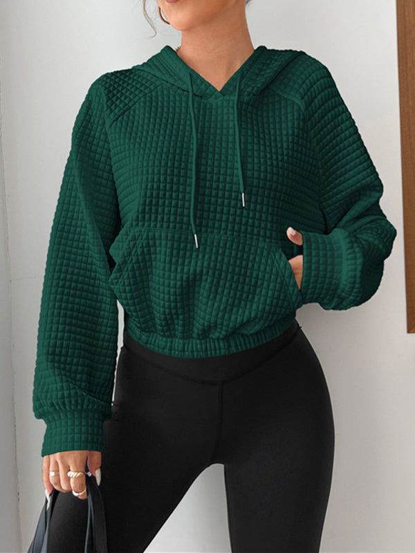 Hoodies- Autumn Waffle Crop Hoodie Pullover- Green- Pekosa Women Clothing