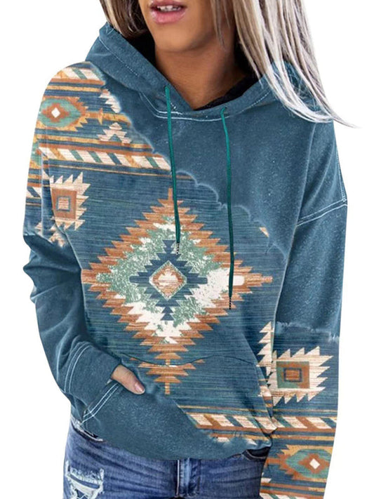 Hoodies- Aztec Print Hoodie - Hooded Neck, Kangaroo Pocket Sweatshirt- Blue- Pekosa Women Clothing