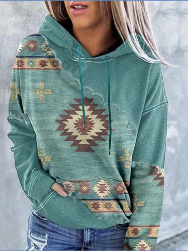 Hoodies- Aztec Print Hoodie - Hooded Neck, Kangaroo Pocket Sweatshirt- Green- Pekosa Women Clothing