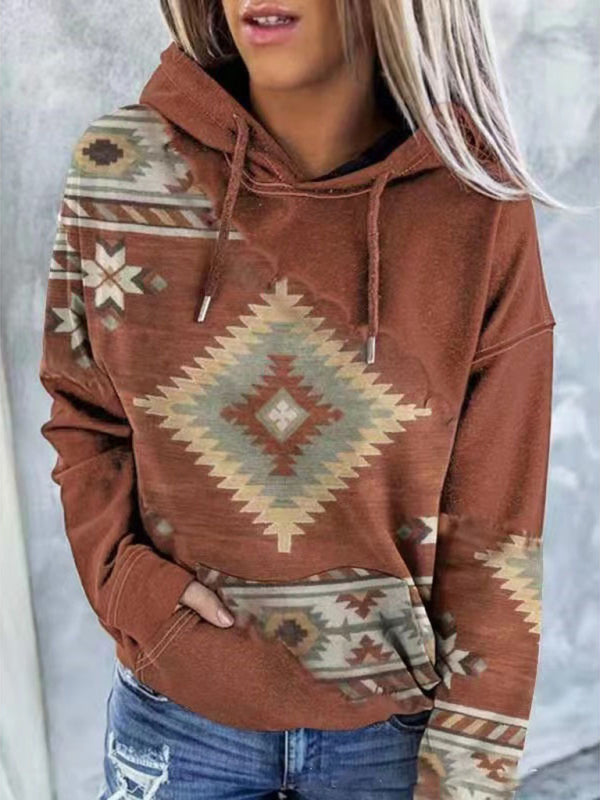 Hoodies- Aztec Print Hoodie - Hooded Neck, Kangaroo Pocket Sweatshirt- Coffee- Pekosa Women Clothing