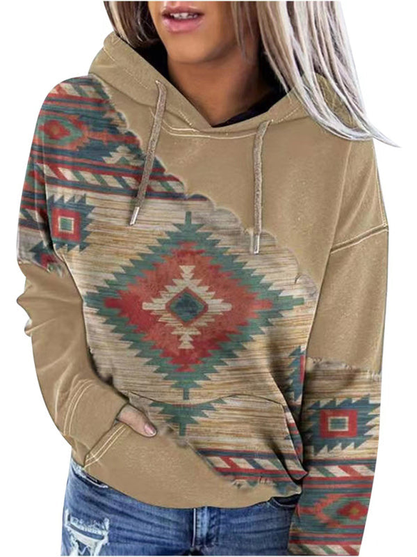 Hoodies- Aztec Print Hoodie - Hooded Neck, Kangaroo Pocket Sweatshirt- Khaki- Pekosa Women Clothing