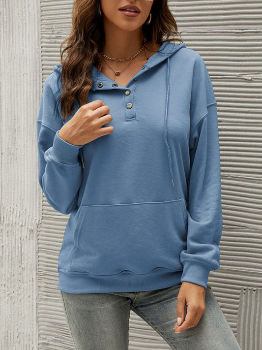 Hoodies- Button-Down Hoodie - Hooded Sweatshirt with Drop Shoulders- Blue- Pekosa Women Clothing
