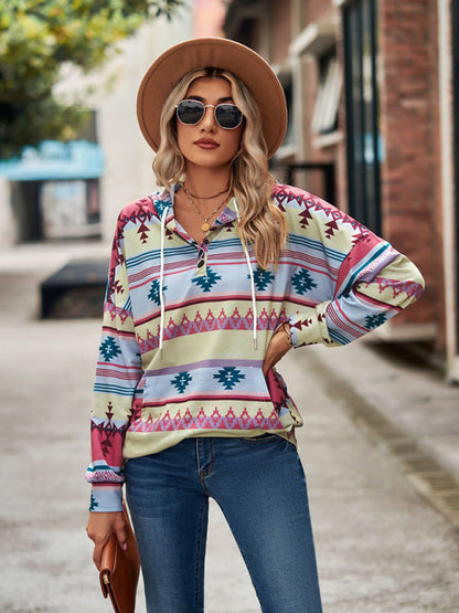 Hoodies- Cotton Aztec Sweatshirt - Hoodie Pullover- Pink- Pekosa Women Clothing