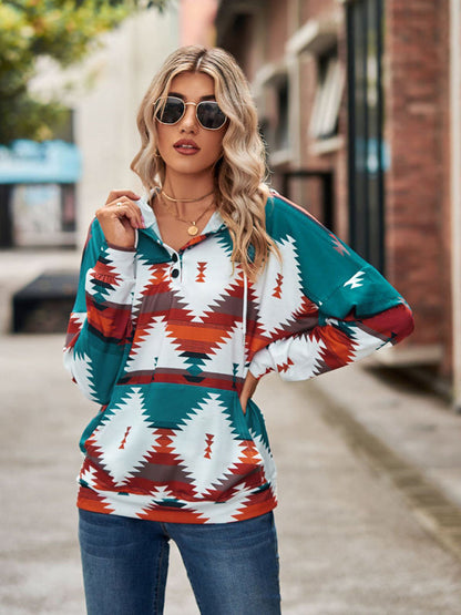 Hoodies- Cotton Aztec Sweatshirt - Hoodie Pullover- - Pekosa Women Clothing