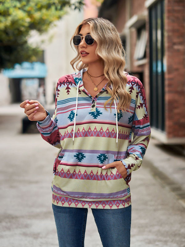 Hoodies- Cotton Aztec Sweatshirt - Hoodie Pullover- - Pekosa Women Clothing