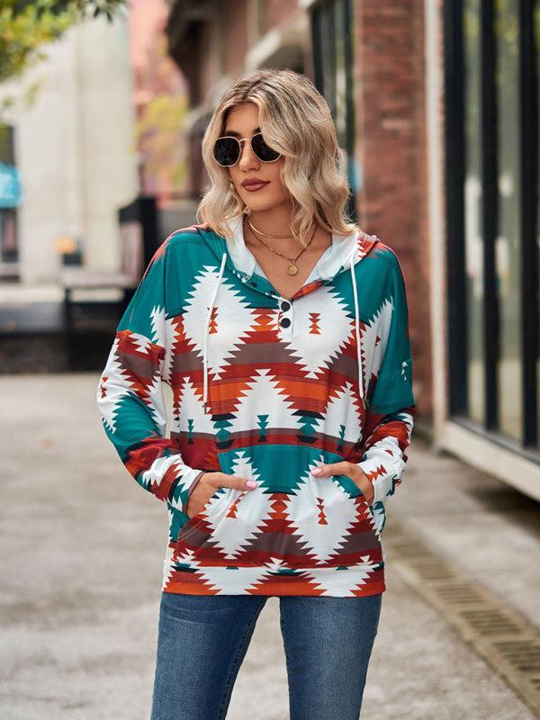 Hoodies- Cotton Aztec Sweatshirt - Hoodie Pullover- - Pekosa Women Clothing